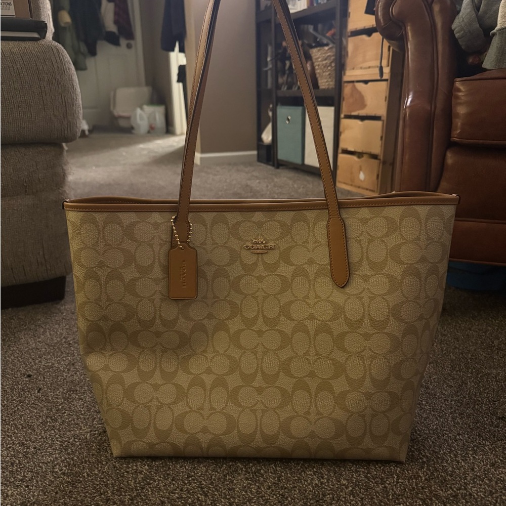 Coach Tan Monogram City Tote Bag with Leather Trim